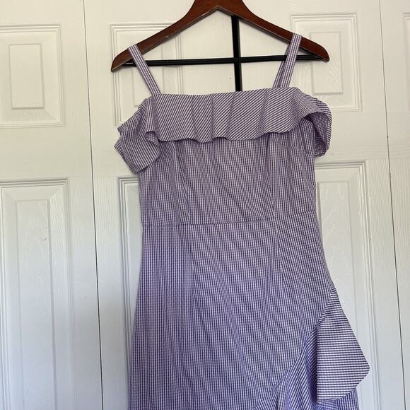 Women’s Donna Morgan Purple Blue Gingham Ruffle Off The Shoulder Dress Size 6 - Picture 2 of 9